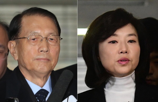 문화·예술계 블랙리스트의 작성과 관리를 주도한 혐의를 받고 있는 김기춘(왼쪽) 전 청와대 비서실장과 조윤선 문화체육관광부 장관이 17일 오전 서울 강남구 대치동 특별검사 사무실에 피의자 신분으로 출석하고 있다. @뉴시스