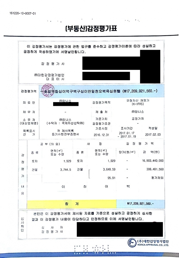 ▲암니스 소유 부동산 『감정평가표』