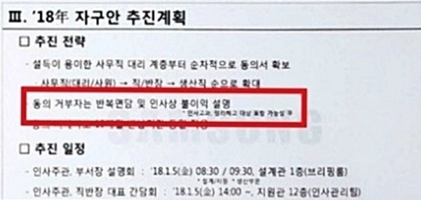 이 같은 직원들의 자발적이고도 아름다운 실천 뒤에는 불참시 인사상 불이익이라는 내부 방침이 자리잡고 있다는 의혹이 제기됐다. 일부 보도 등에 따르면 삼성중공업은 임금의 10% 반납에 대한 거부자에게는 반복면담 및 인사상 불이익(인사고과, 정리해고 대상 포함 가능성)을 설명한다는 내용의 추진 전략이 담긴 ‘2018년 자구안 추진계획’이 유출됐다.