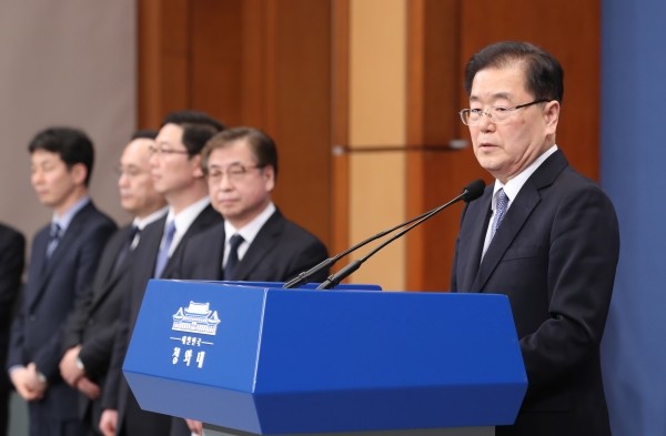 정의용 국가안보실장이 지난 6일 오후 청와대 춘추관에서 방북 결과에 대해 브리핑하고 있다.(사진=newsis)