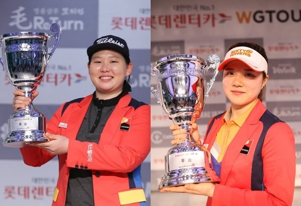 2차 대회 우승자인 정선아(왼)와 1차 대회 우승자인 한지민도 ‘2018 롯데렌터카 WGTOUR 정규투어 3차 대회’에 출전해 스크린여왕의 자리를 가릴 예정이다. (사진제공=골프존)