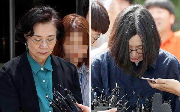 조양호 한진그룹 회장 부인 이명희(왼쪽) 전 일우재단 이사장이 4일 오후 서울 서초구 서울중앙지방법원에서 열린 구속 전 피의자심문(영장실질심사)을 마치고 법원 밖으로 이동하고 있다. 같은 날 조현아 전 대한항공 부사장이 밀수·탈세 혐의로 조사를 받기 위해 인천 중구 인천본부세관으로 들어서고 있다. (사진=newsis)