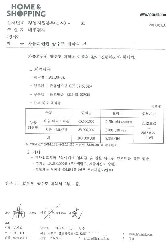 '차움회원권 양수도 계약의 건'.(자료=박정 의원실 제공)