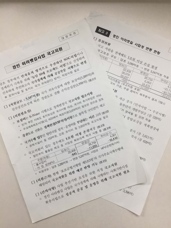 사진은 한국수자원공사 기록물 주요 원본 중 경인 아라뱃길사업 국고지원 보고서. (사진=국가기록원 제공)