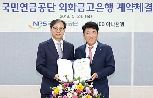 KEB하나은행이 24일 전북 전주시 국민연금공단 연금홀에서 세계 3대 연기금인 국민연금공단과 외화금고은행 업무 수행을 위한 계약을 체결했다. 함영주 KEB하나은행장과 김성주 국민연금공단 이사장이 기념촬영을 하고 있다. (사진=newsis)